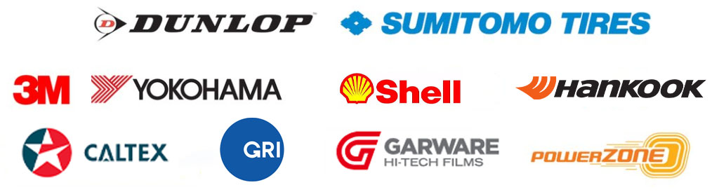 Collage of brand logos: Dunlop, Sumitomo Tires, 3M, Yokohama, Shell, Hankook, Caltex, GRI, Garware Hi-Tech Films, and Powerzone.