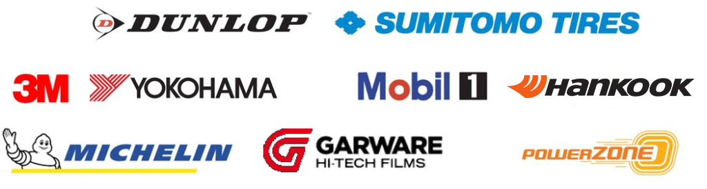 Collage of brand logos including Dunlop, Sumitomo Tires, 3M, Yokohama, Mobil 1, Hankook, Michelin, Garware Hi‑Tech Films, and Power Zone.