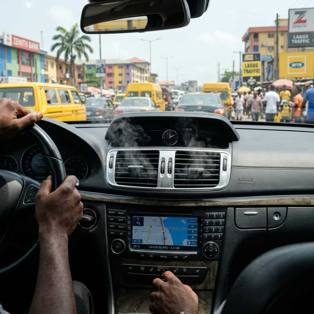 Driver's hands on the steering wheel; dashboard shows navigation; busy Lagos street outside with yellow minibuses.