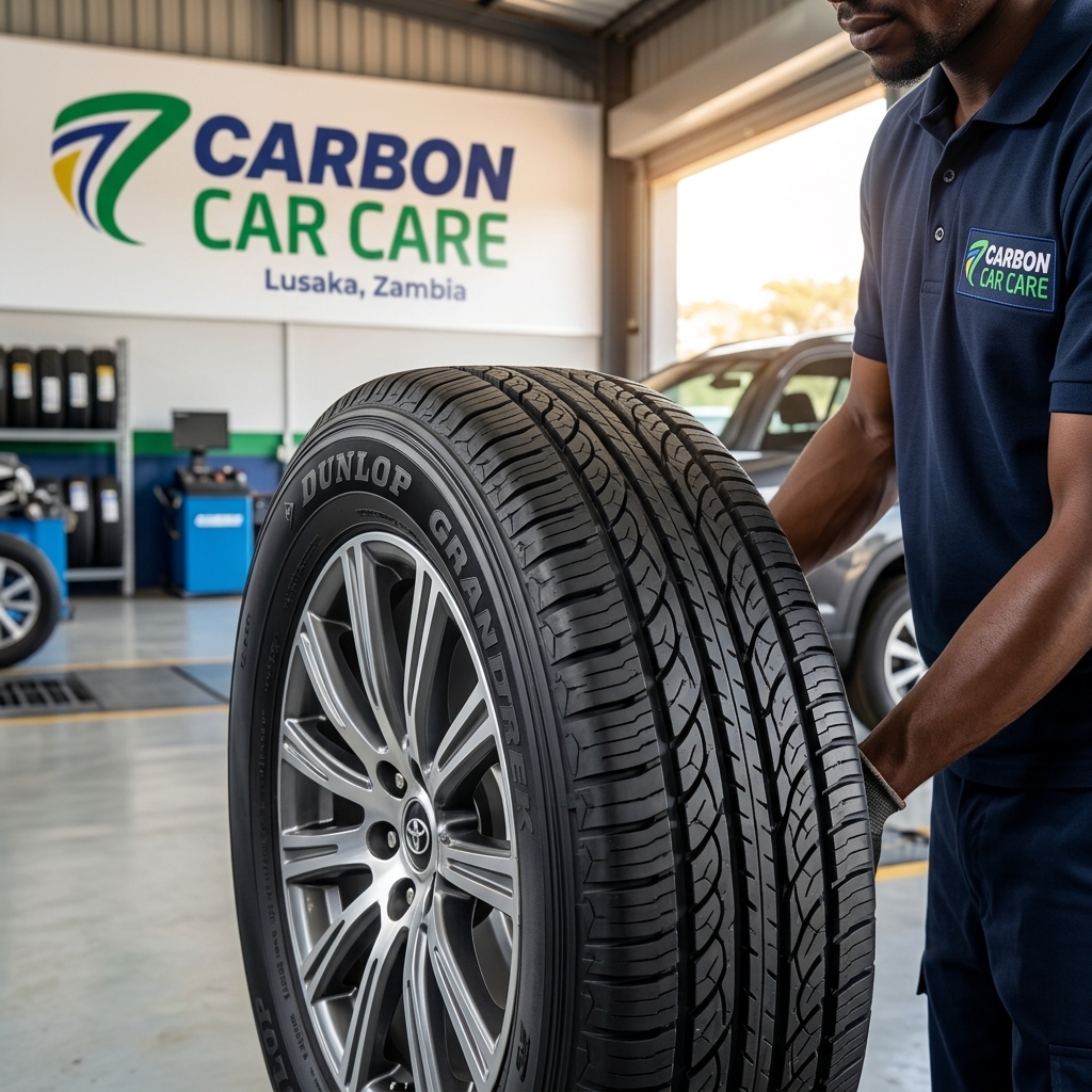 Mechanic in a navy polo holds a Dunlop tire inside a car care workshop with a Carbon Car Care sign in Lusaka, Zambia.