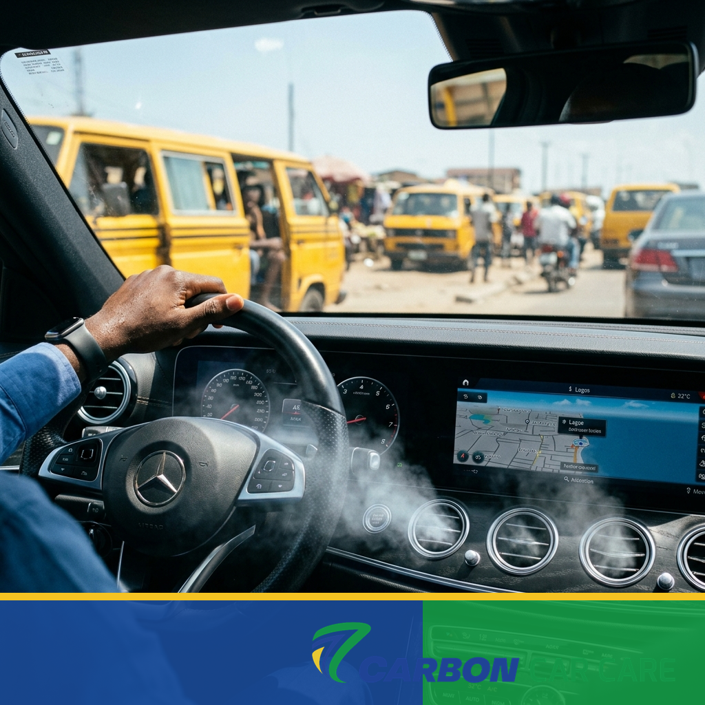 Person's hand on a Mercedes steering wheel inside a car, with a GPS/navigation screen and dashboard visible while yellow minibuses sit outside.