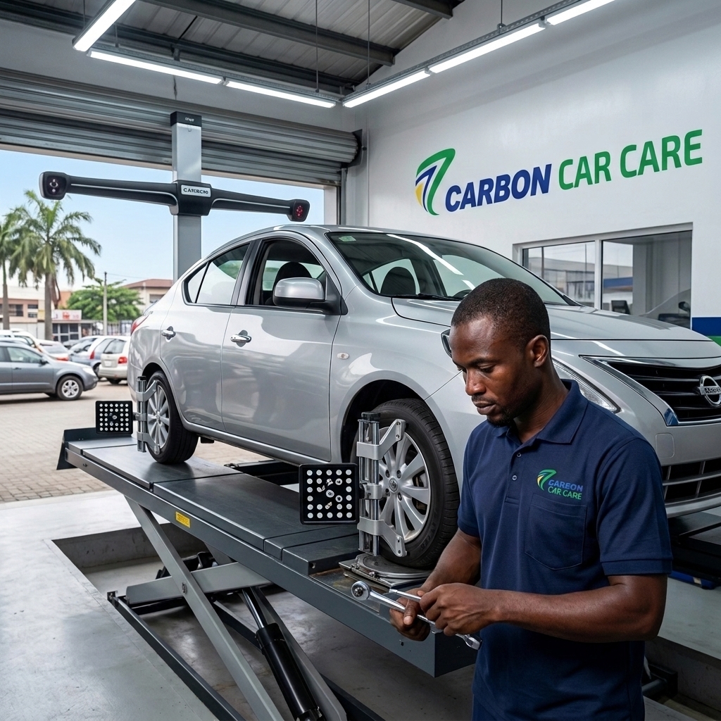 Technician in a navy polo labeled Carbon Car Care inspects a silver car on a hydraulic lift inside a repair shop.
