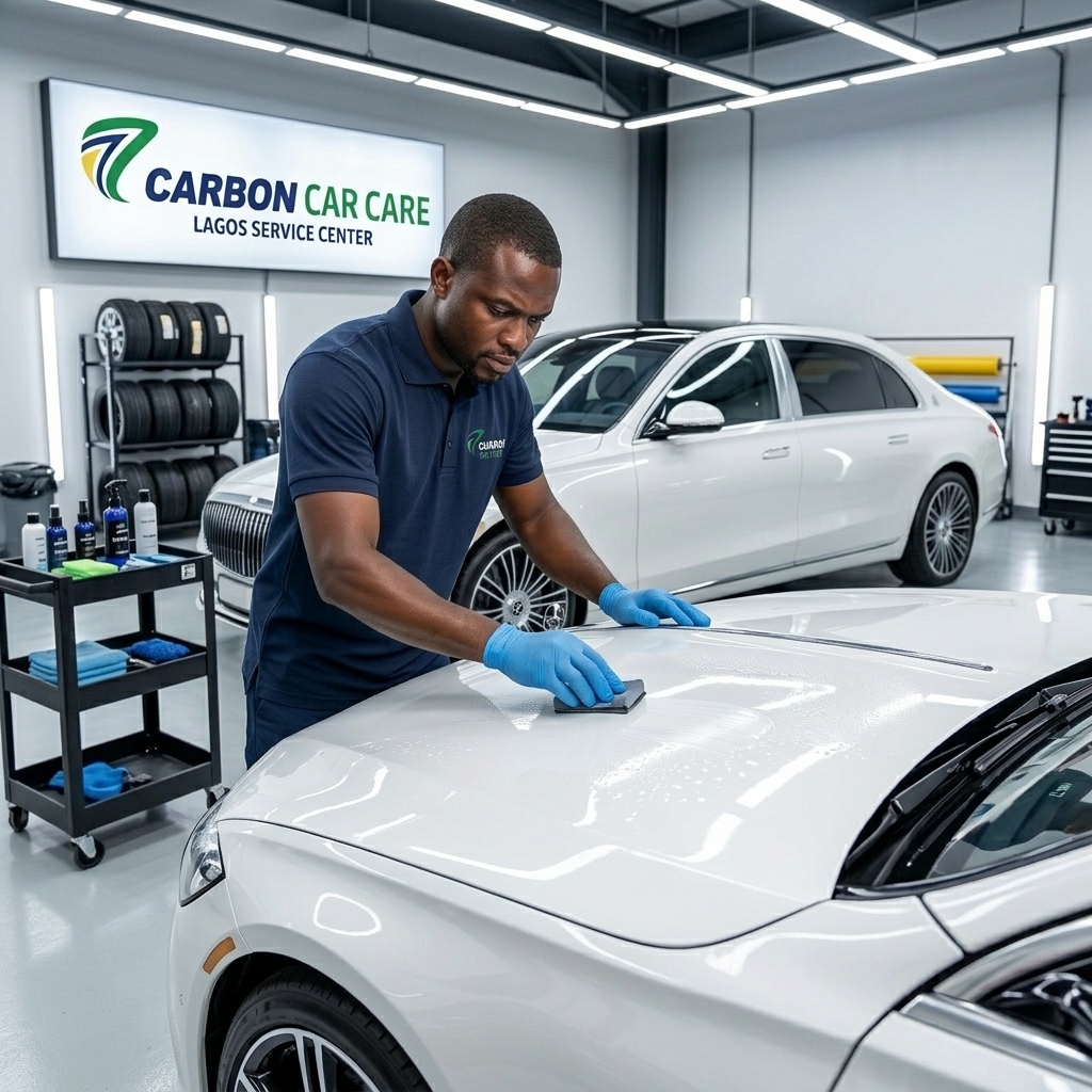 Professional car paint protection and ceramic coating application at Carbon365 workshop in Lagos, Nigeria