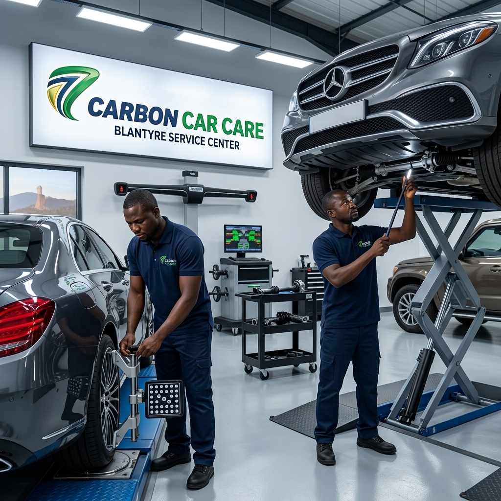 Two mechanics in blue uniforms service cars inside a bright auto shop, one under a raised Mercedes and another inspecting a wheel area with a tool. A large Carbon Car Care sign is visible above.